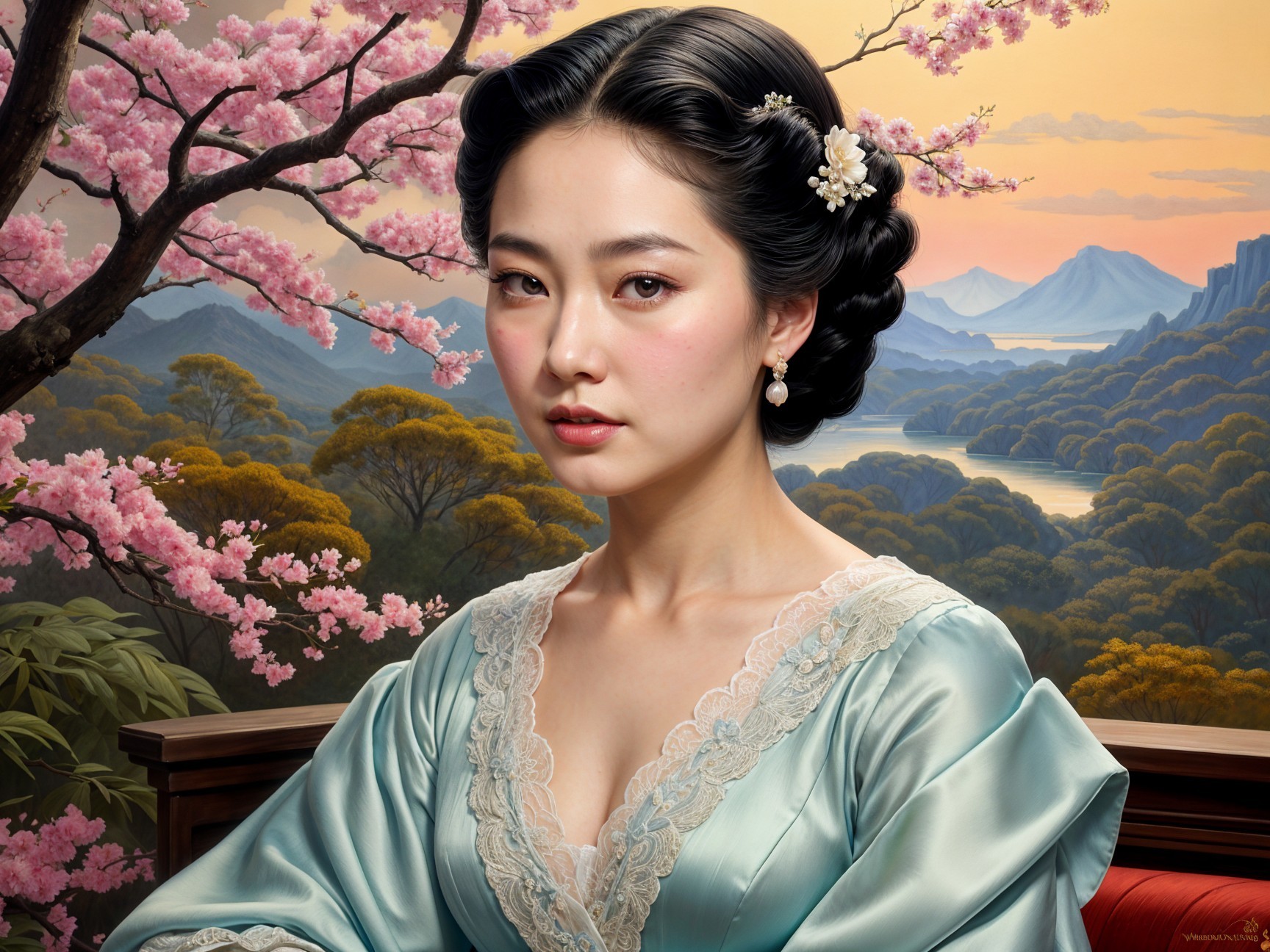 Serene Portrait of a Woman in Teal Gown with Blossoms