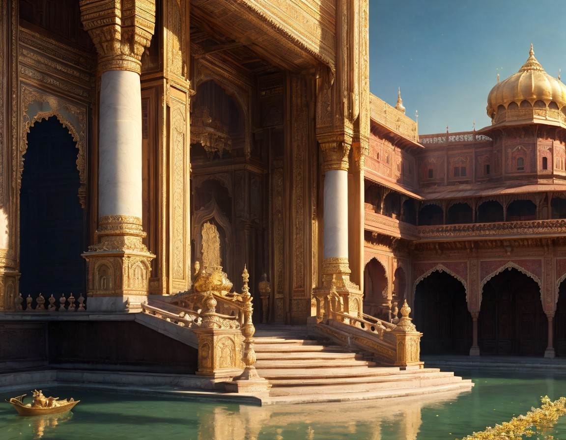 Grand palace with columns and arches by tranquil water in warm sunlight.