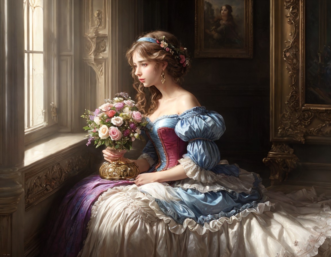 Vintage blue and white dress woman with pink roses bouquet by window in soft light
