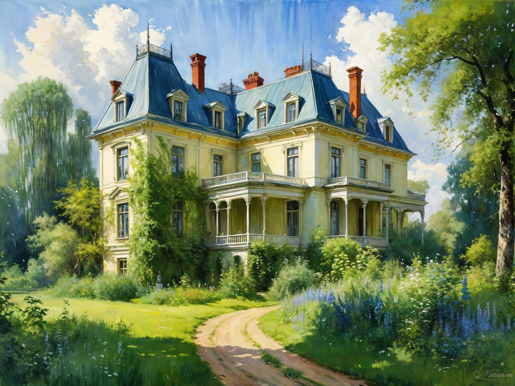 Grand Yellow Mansion Surrounded by Lush Garden