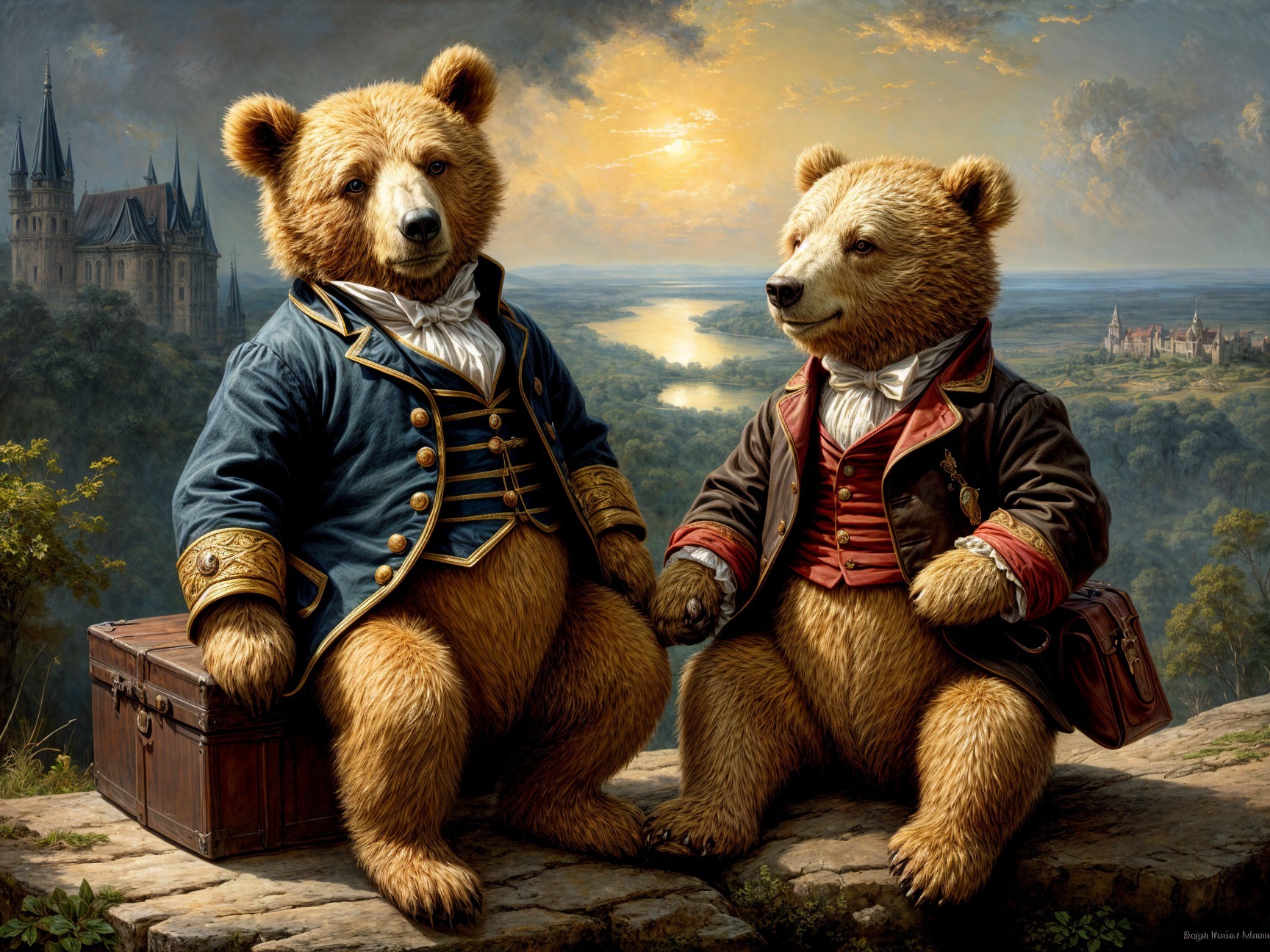 Anthropomorphic bears in 18th-century attire on ledge