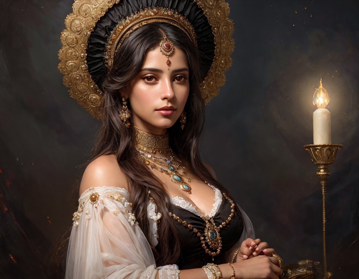 Regal figure in dark gown with gold jewelry and halo