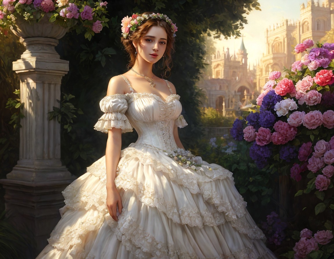 Woman in white gown with floral wreath in garden with castle.
