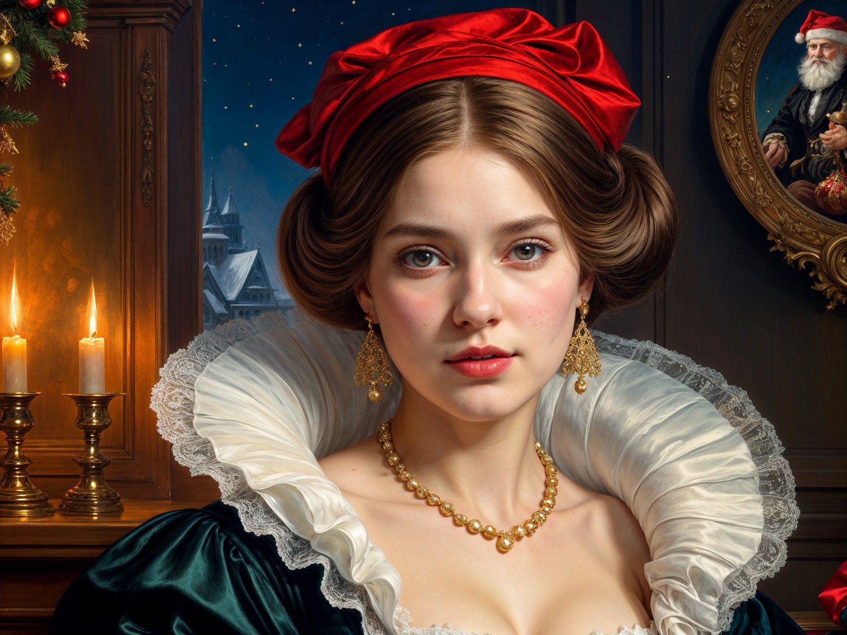 Elegant Woman in Black Dress with Red Ribbon and Jewelry