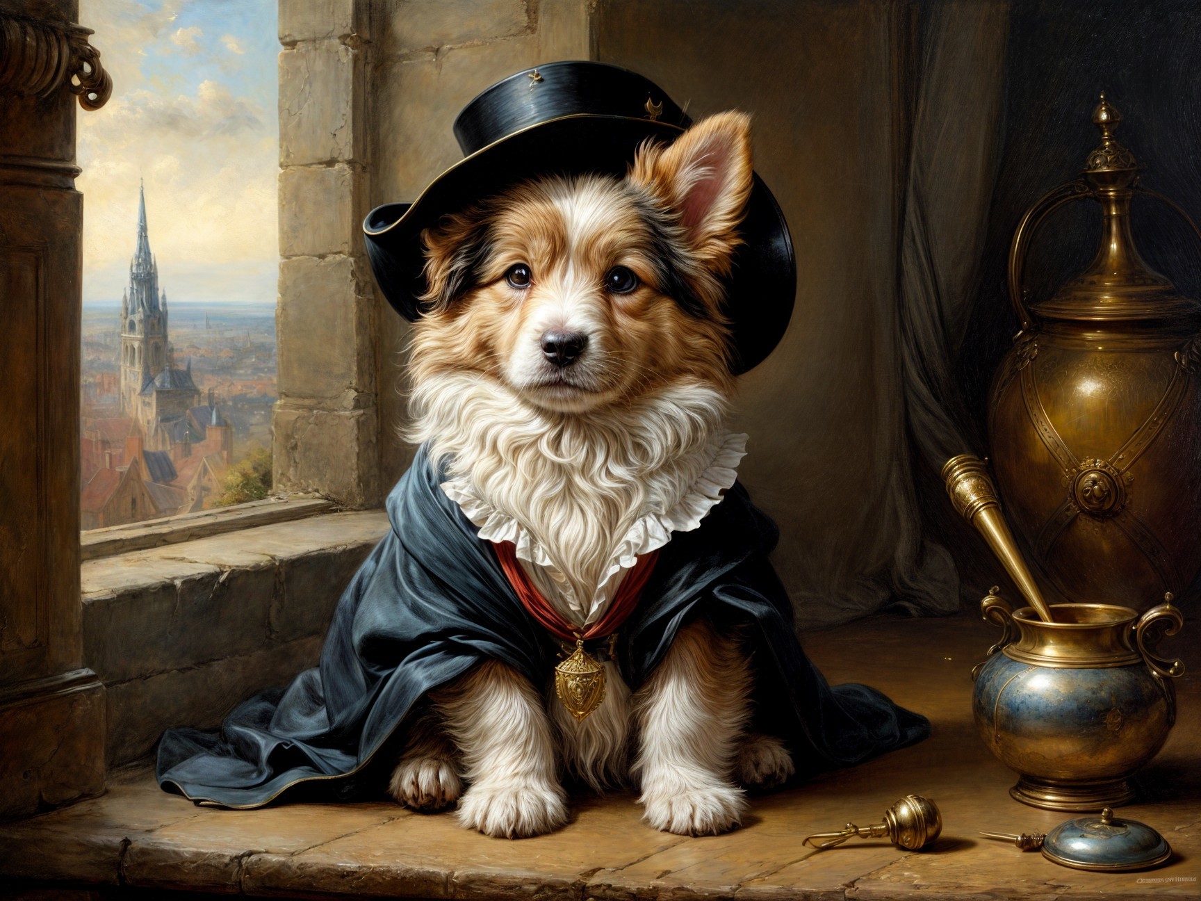Regal Corgi in Historical Outfit by Window View
