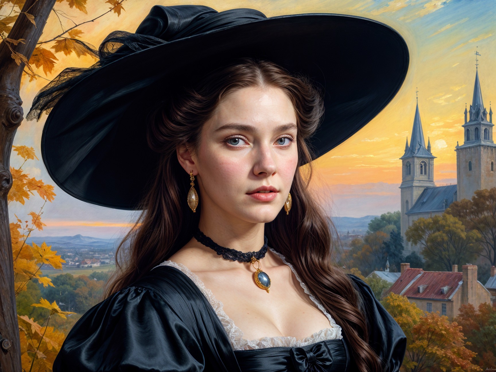 Young Woman in Elegant Dress Against Autumn Landscape