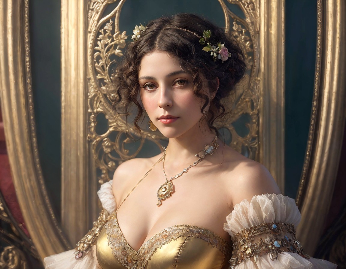 Young woman in gold dress with floral hair adornment