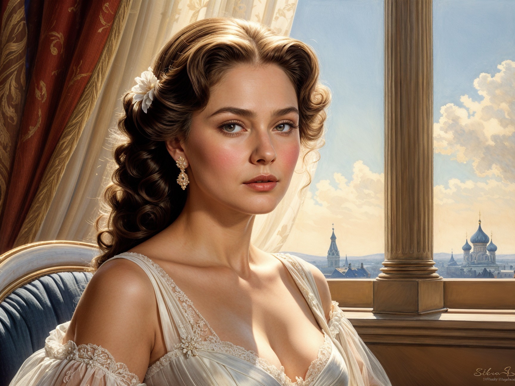 Young Woman in Elegant Gown by Ornate Window