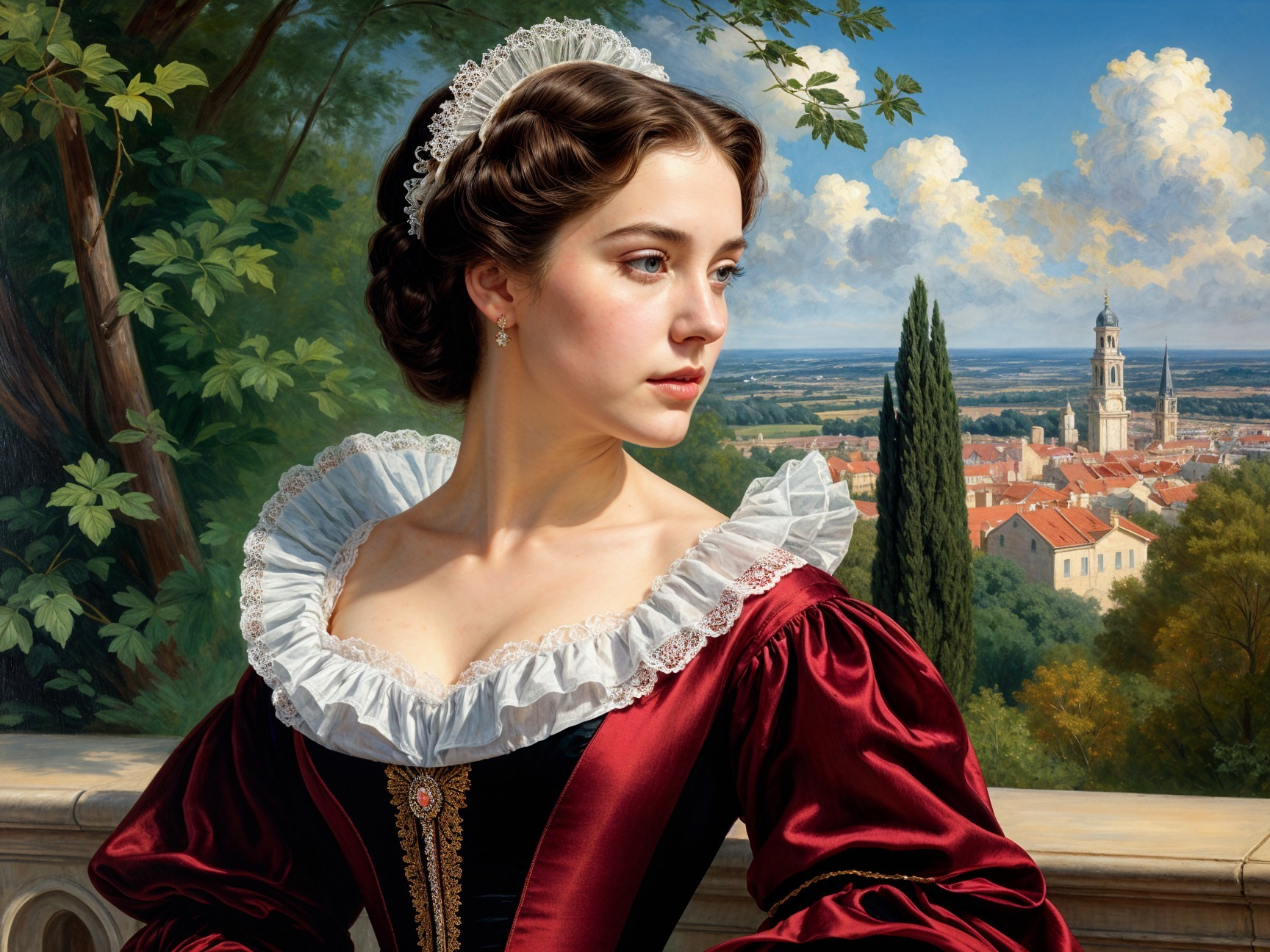 Young Woman in Historical Dress Against Scenic Landscape