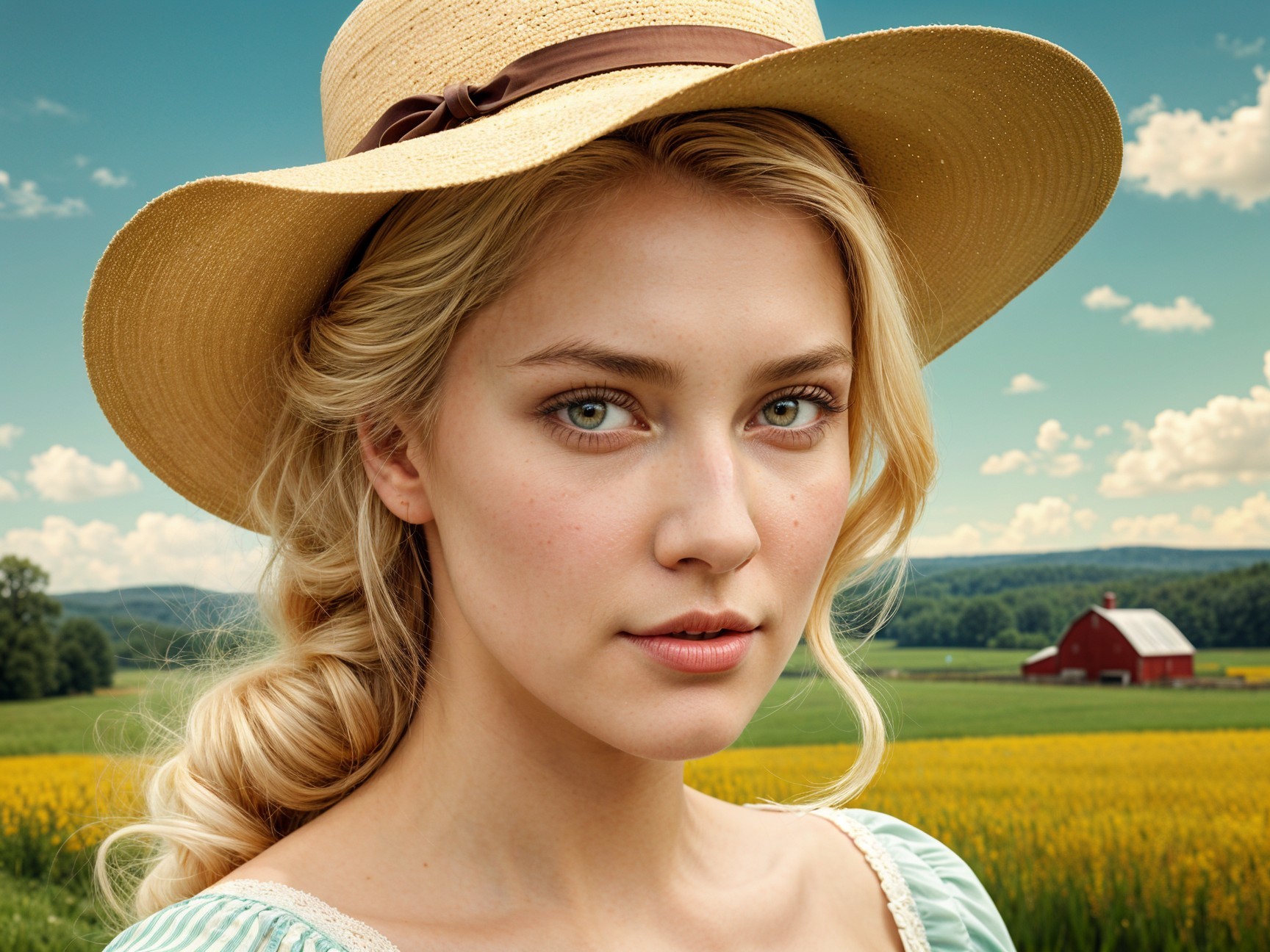 Young woman in field with straw hat and vintage dress