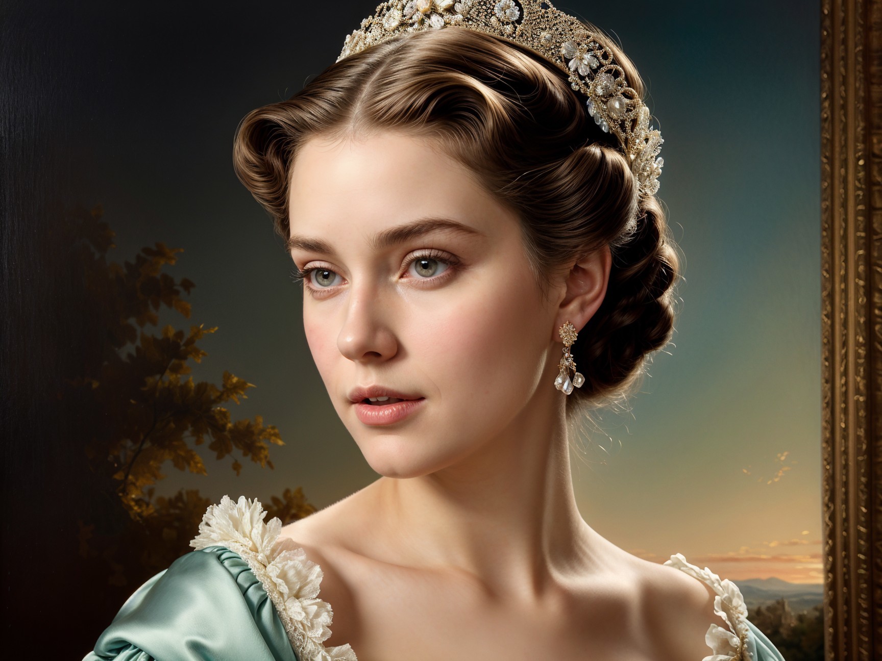 Young Woman in Mint-Green Gown with Tiara and Jewelry