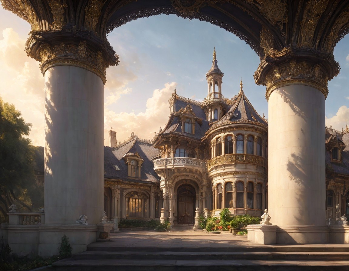 Ornate Victorian mansion with intricate stonework and turrets