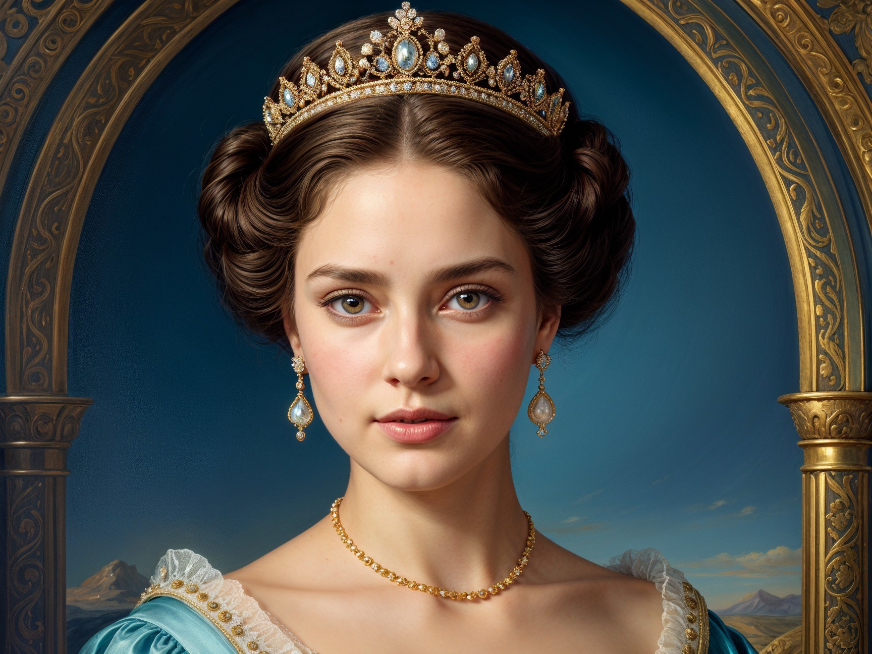 Woman in Regal Blue Gown with Elegant Accessories
