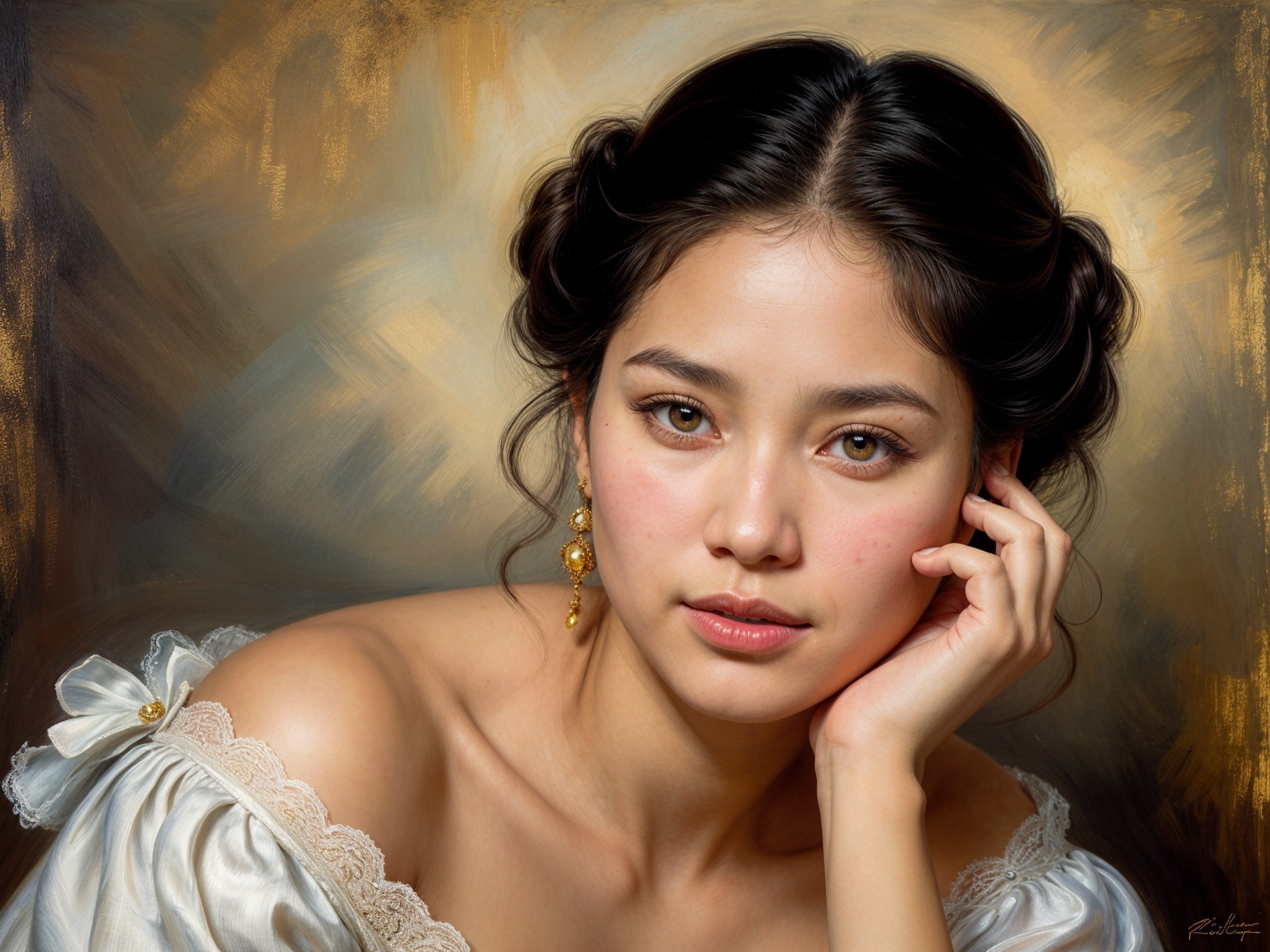 Thoughtful Young Woman in Elegant Off-the-Shoulder Dress