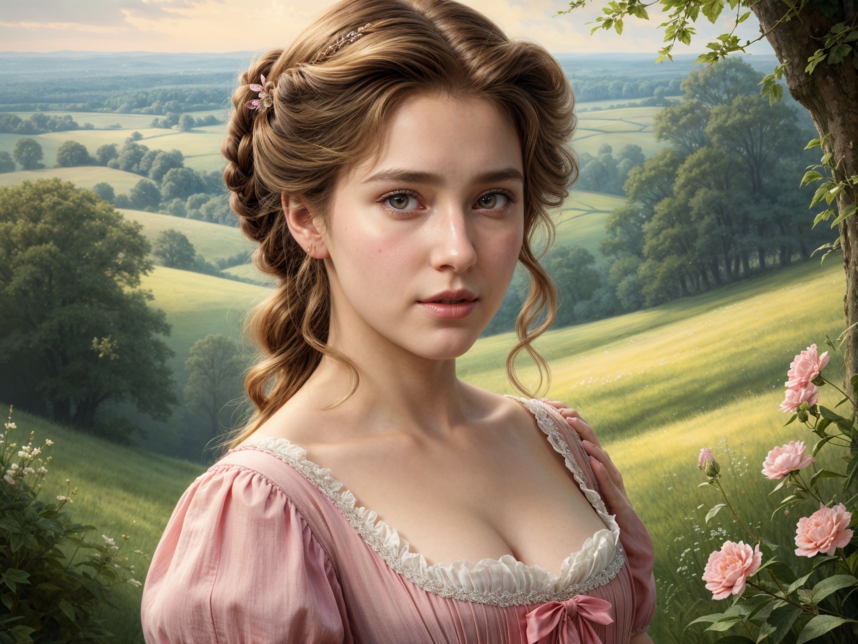 Young woman in pink dress amidst green landscape