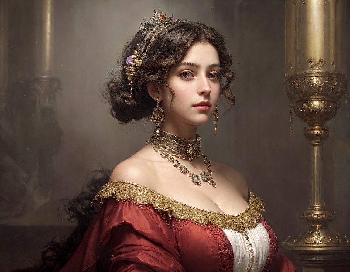 Regal woman in red and gold dress with intricate jewelry