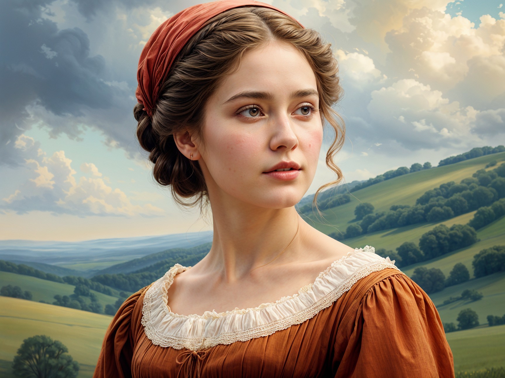 Young woman in rust dress against serene landscape