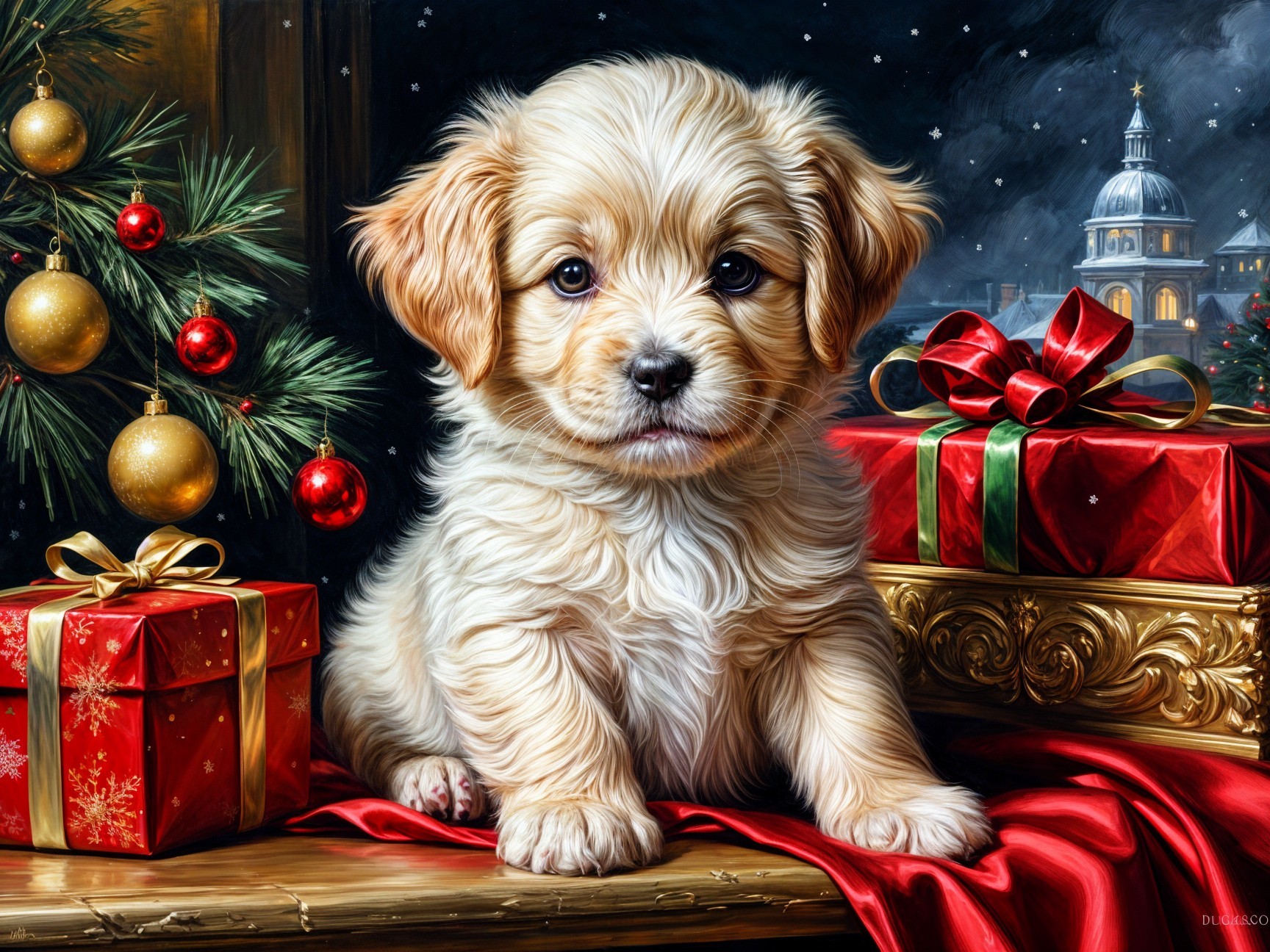 Fluffy Golden Puppy on a Festive Holiday Table