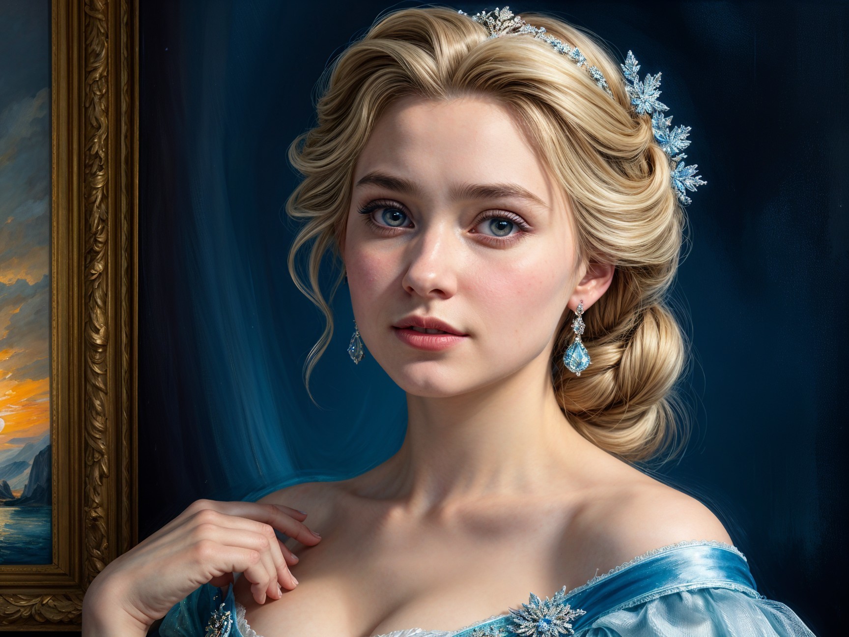 Young Woman in Blue Gown with Snowflake Accessories