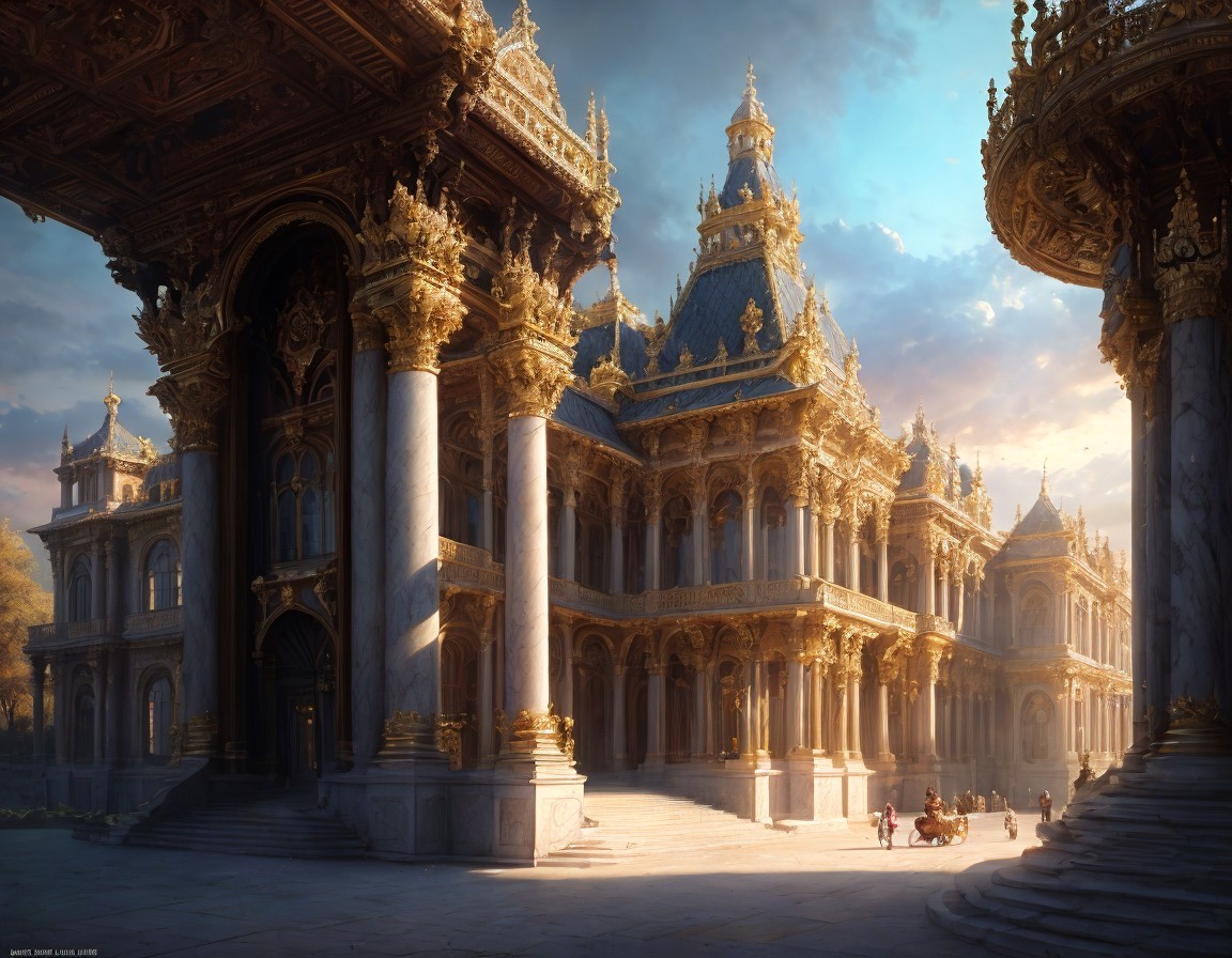 Opulent palace with golden details and towering columns at sunset