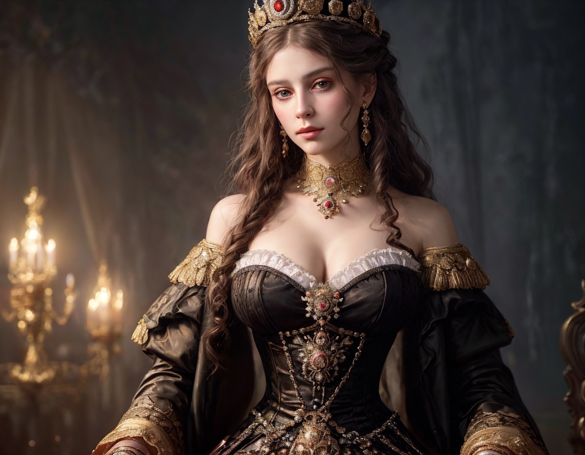 Regal Woman in Renaissance Gown in Opulent Room