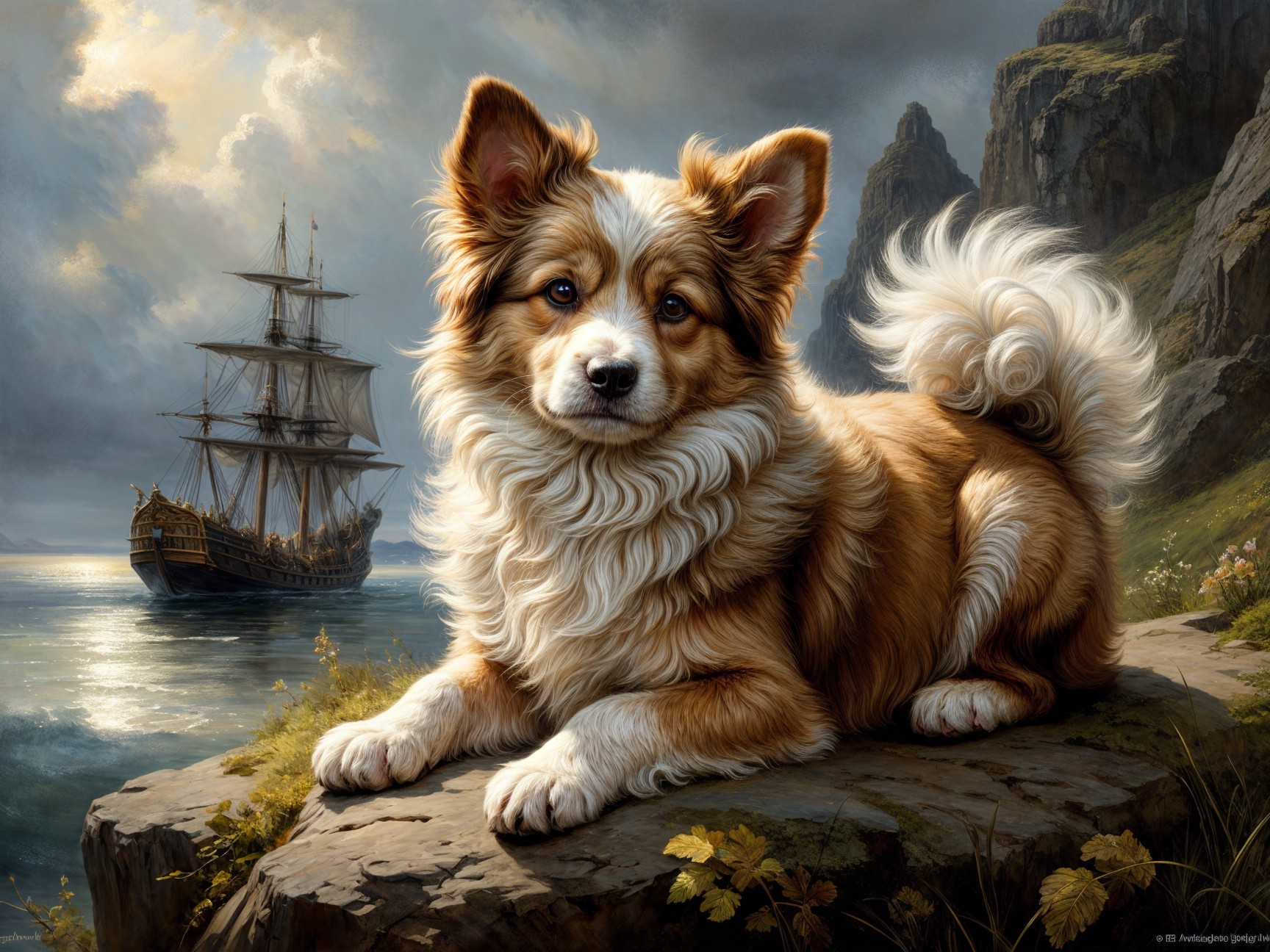 Fluffy Dog on Rocky Outcrop with Sailing Ship