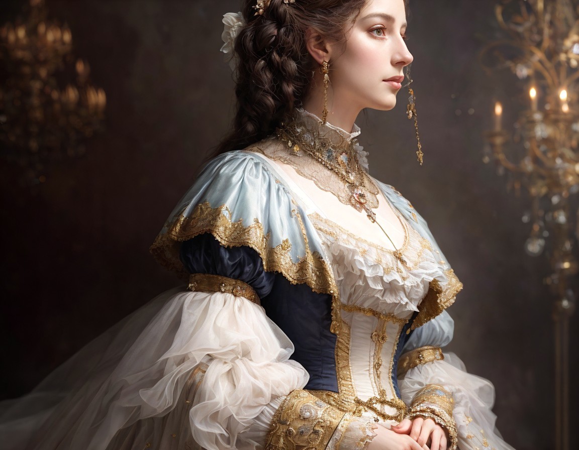 Woman in Luxurious Historical Dress with Jewelry