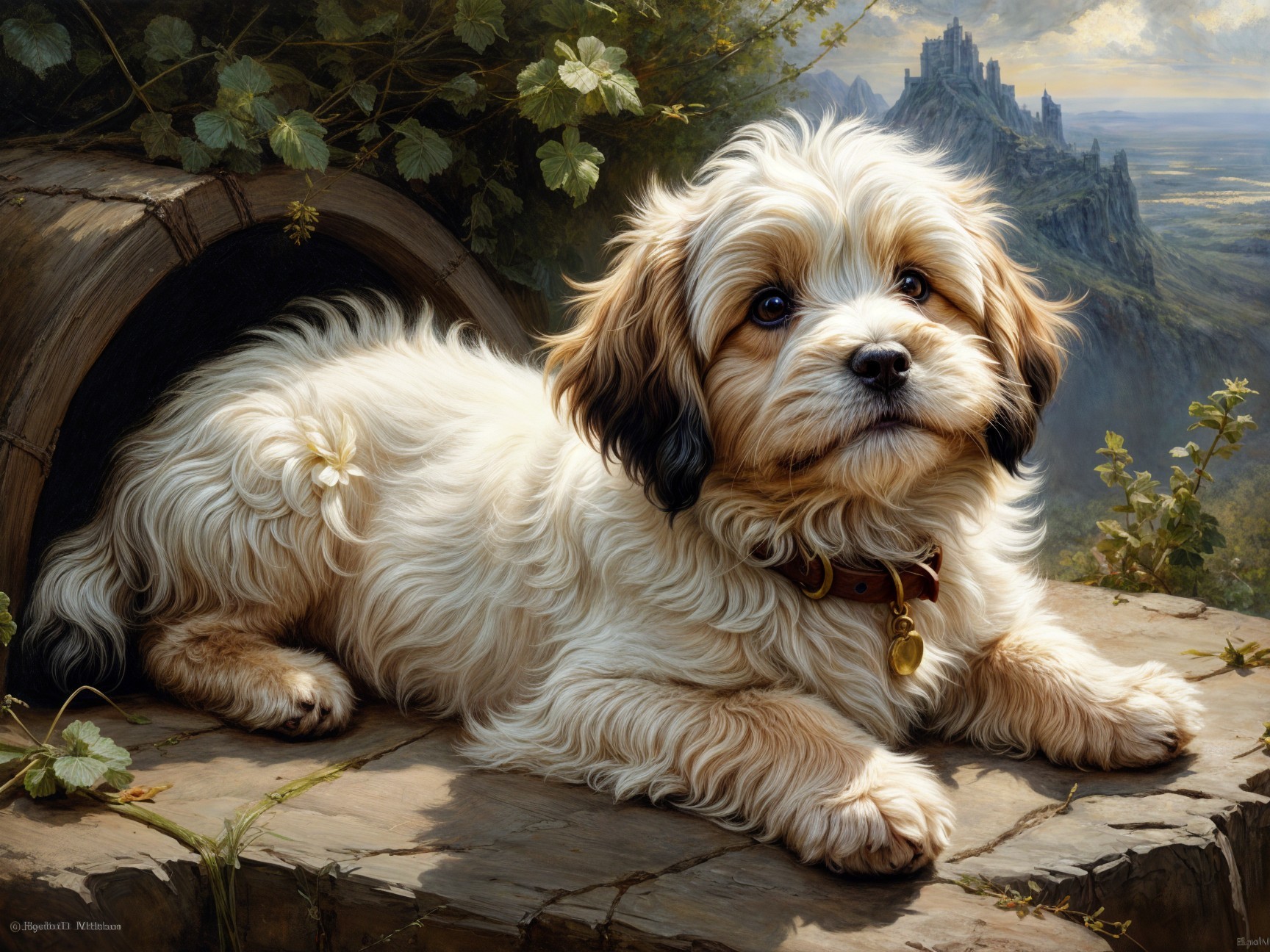 Fluffy Puppy by Rustic Barrel in Serene Landscape