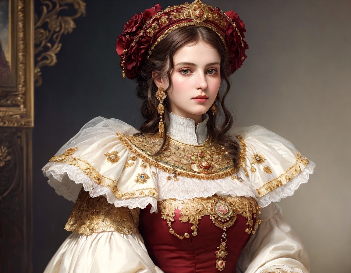 Young woman in ornate historical gown with headdress