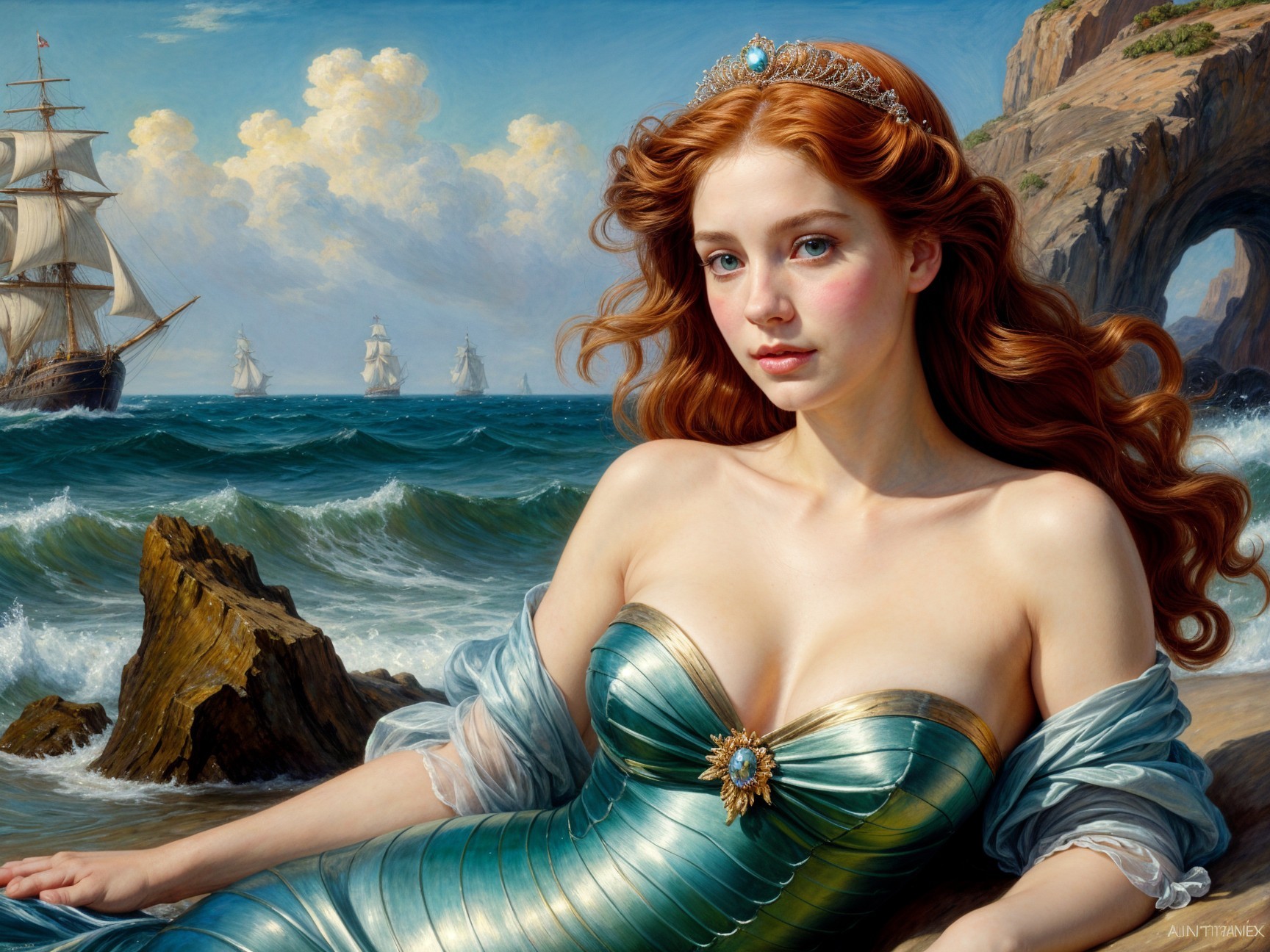 Mermaid on Rocky Shore with Ships and Bright Sky