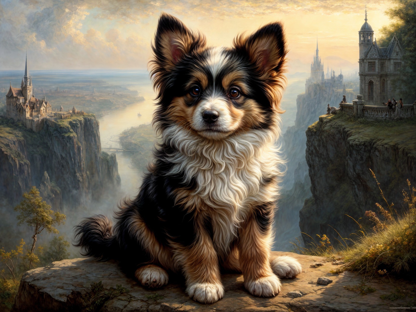 Tri-Colored Dog on Rocky Ledge with Scenic Landscape