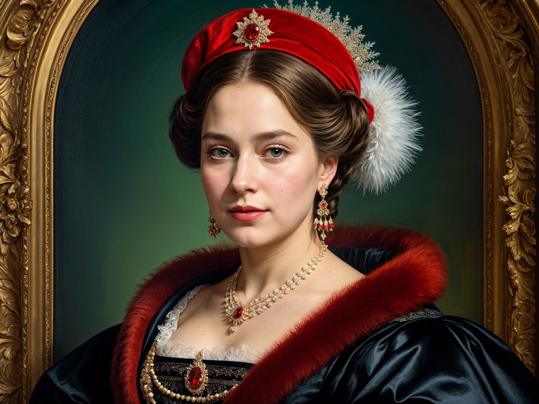 Historical Attire of a Young Woman with Elegant Accessories