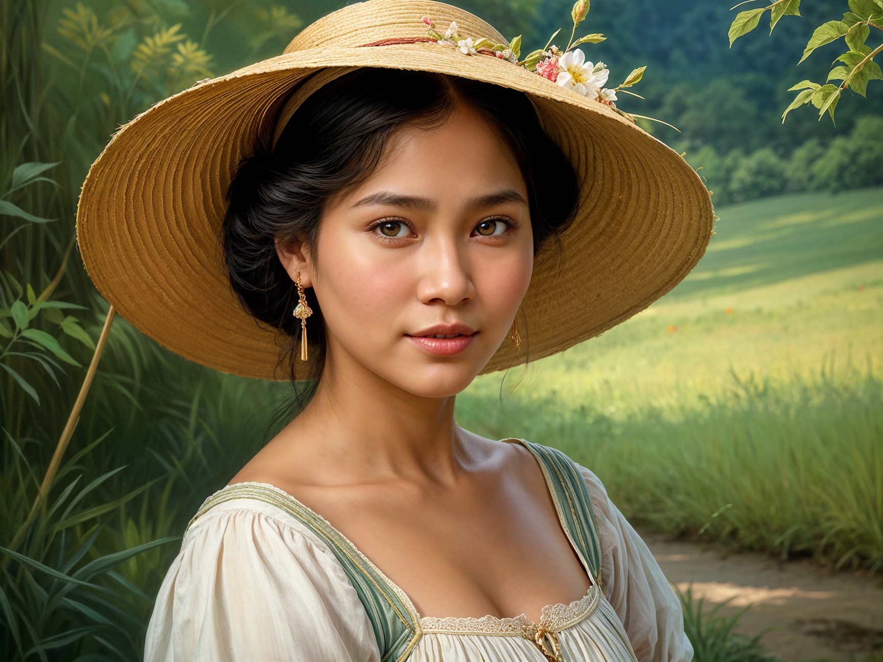 Young woman in straw hat poses in green landscape