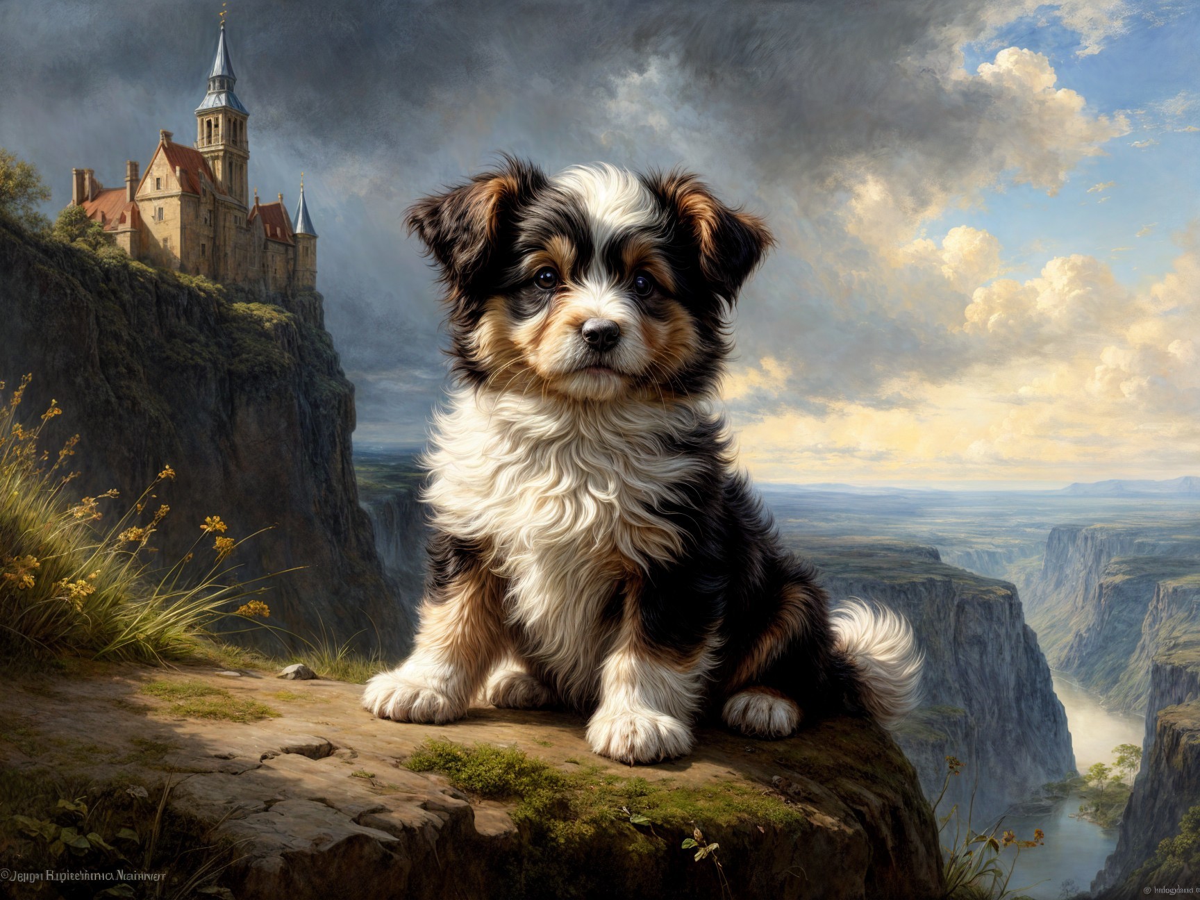 Fluffy Multi-Colored Puppy on Rocky Ledge with Castle