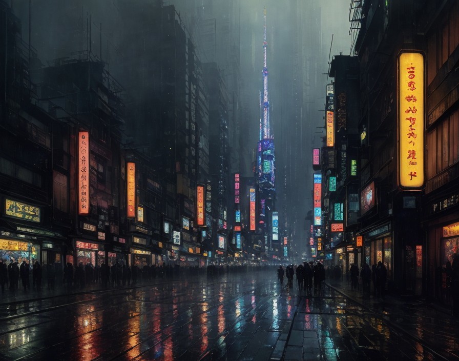 Neon-lit rainy urban street at night with people and umbrellas