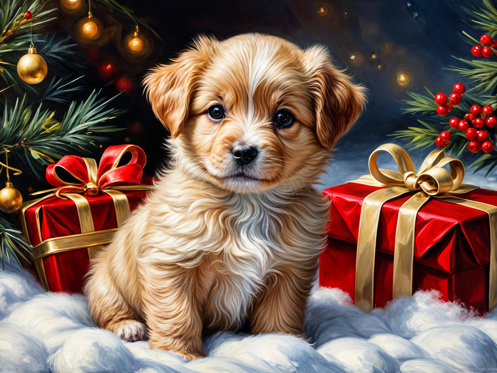 Fluffy Golden Puppy Surrounded by Holiday Decor