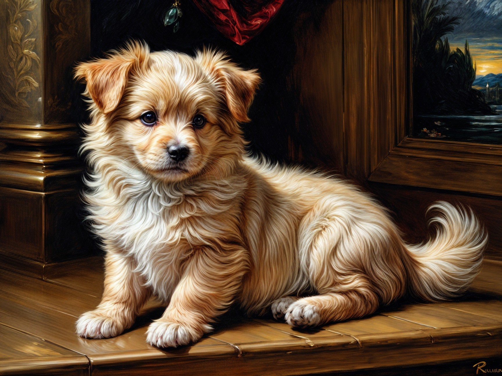 Fluffy Cream-Colored Puppy on Wooden Surface