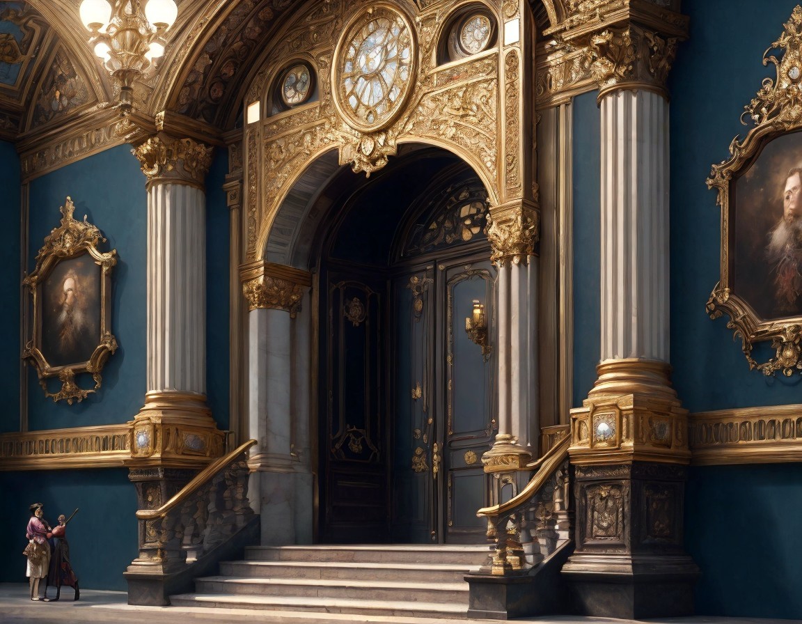 Opulent Entrance Hall with Blue Walls and Golden Details
