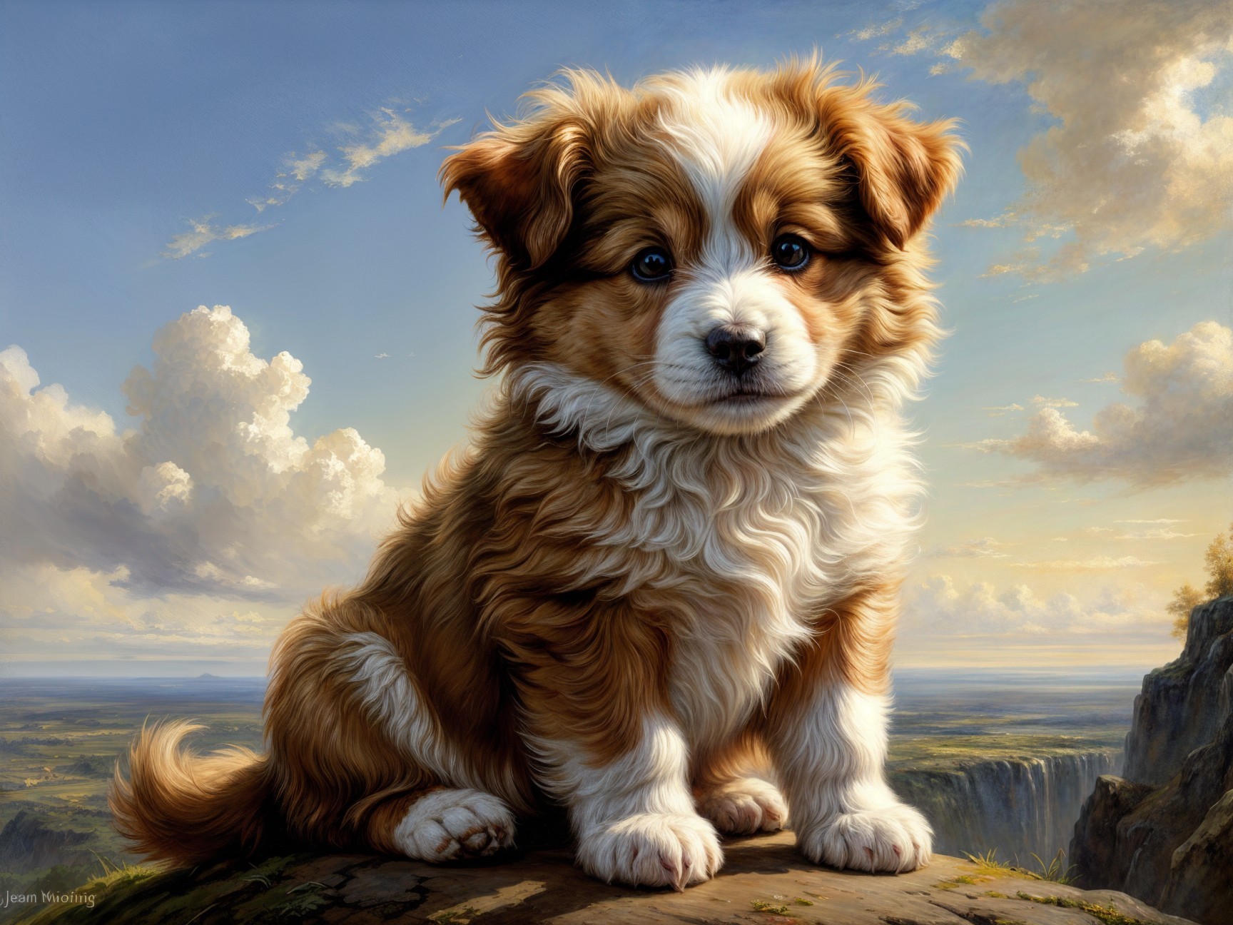 Fluffy Puppy on Rocky Ledge with Scenic Landscape