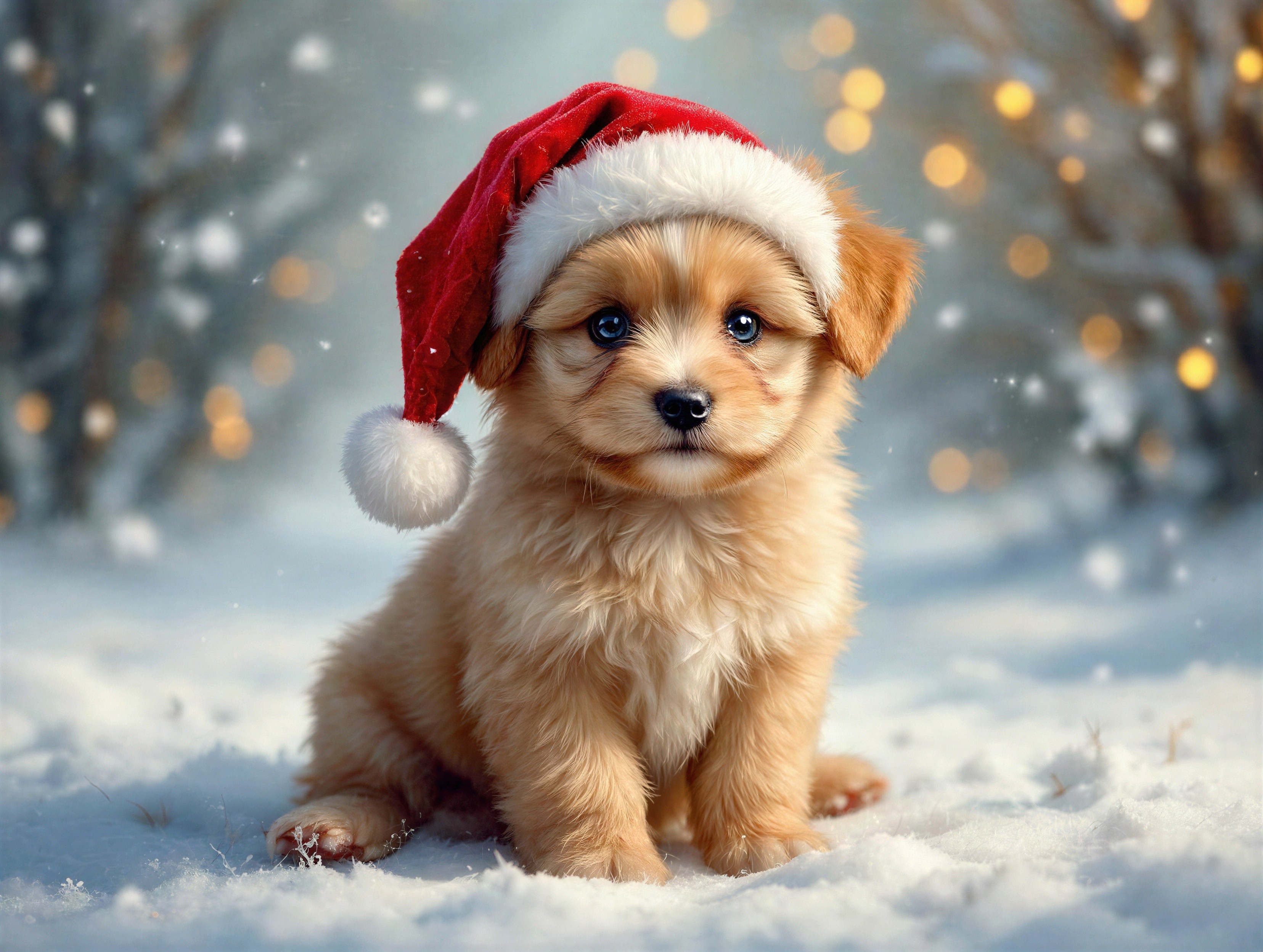 Fluffy Golden-Brown Puppy in Festive Winter Scene