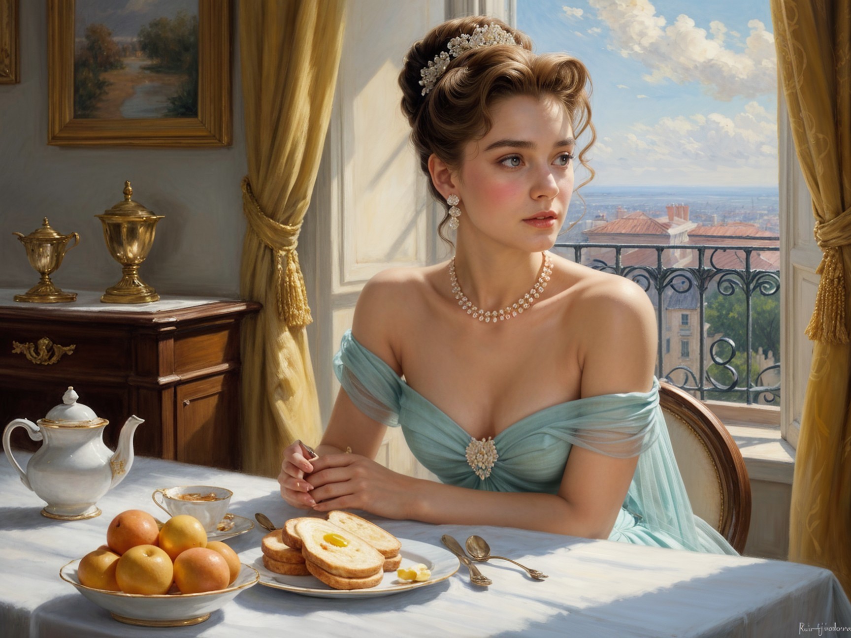Young woman in blue gown at elegantly set table