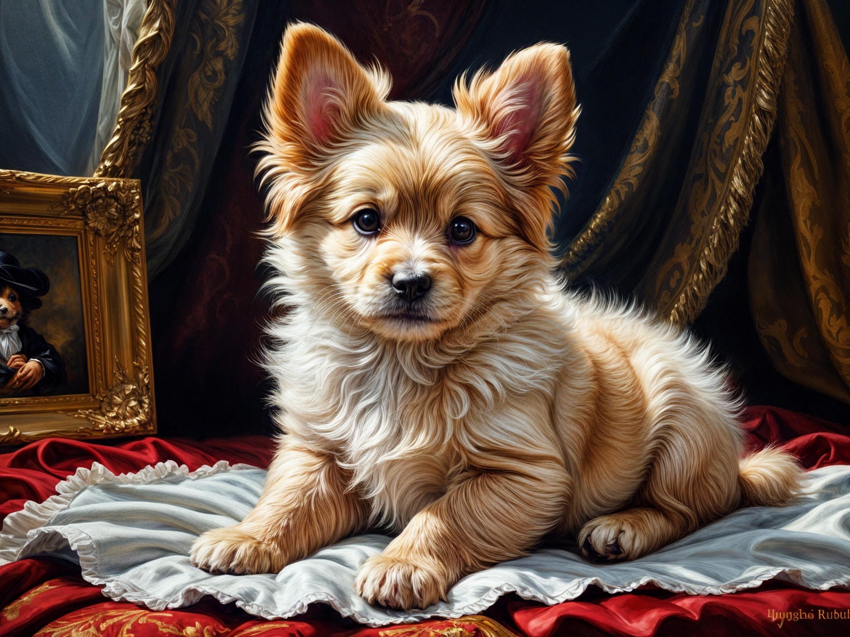 Golden Puppy on Ornate Cloth with Vintage Backdrop