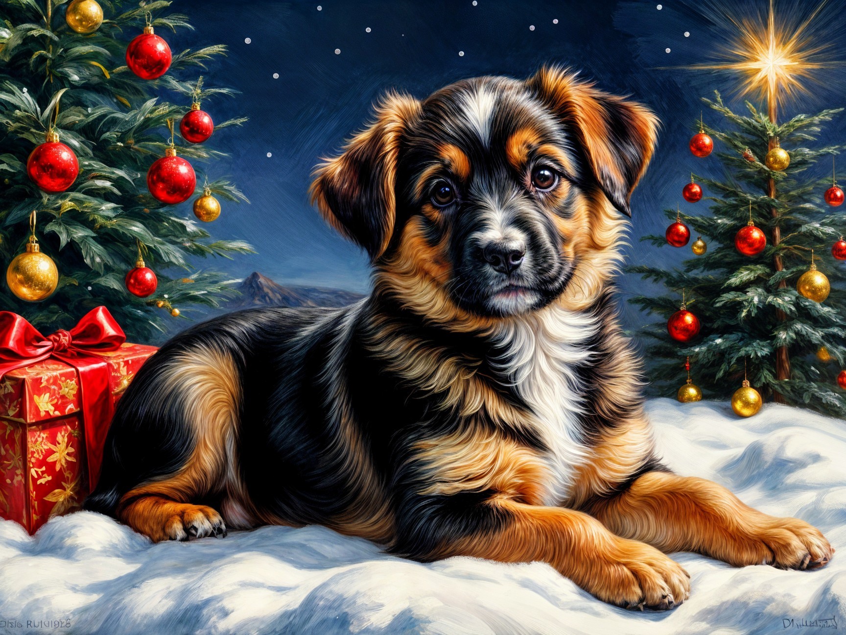 Playful Puppy in Snow with Christmas Decorations