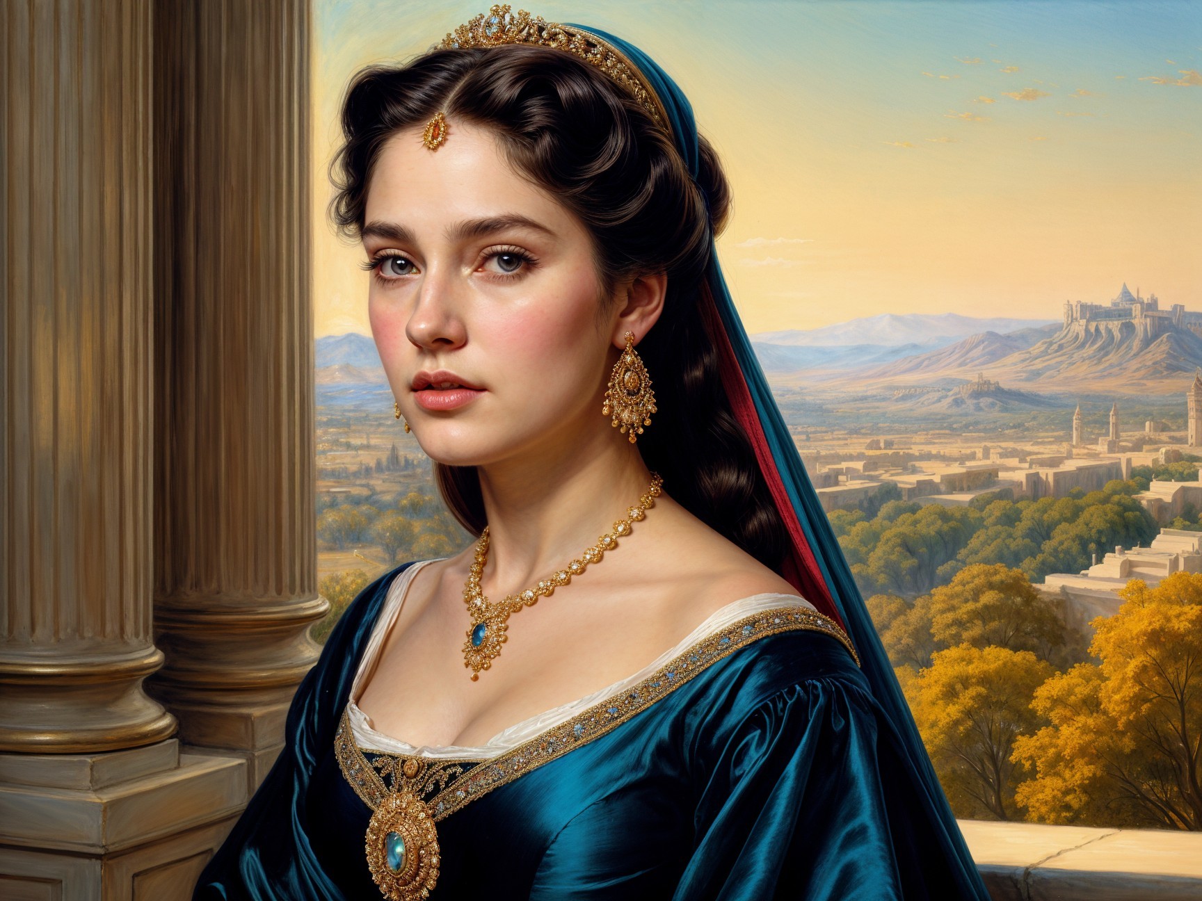 Young Woman in Regal Blue Gown with Scenic Background