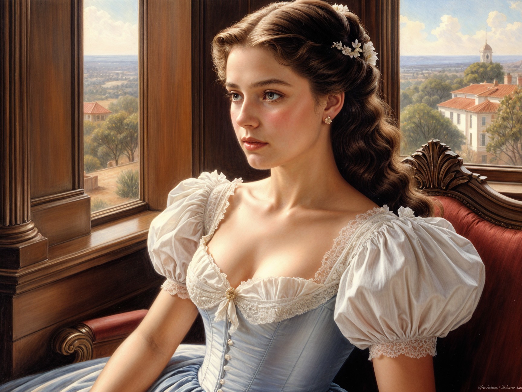 Young woman in blue gown by a sunlit window