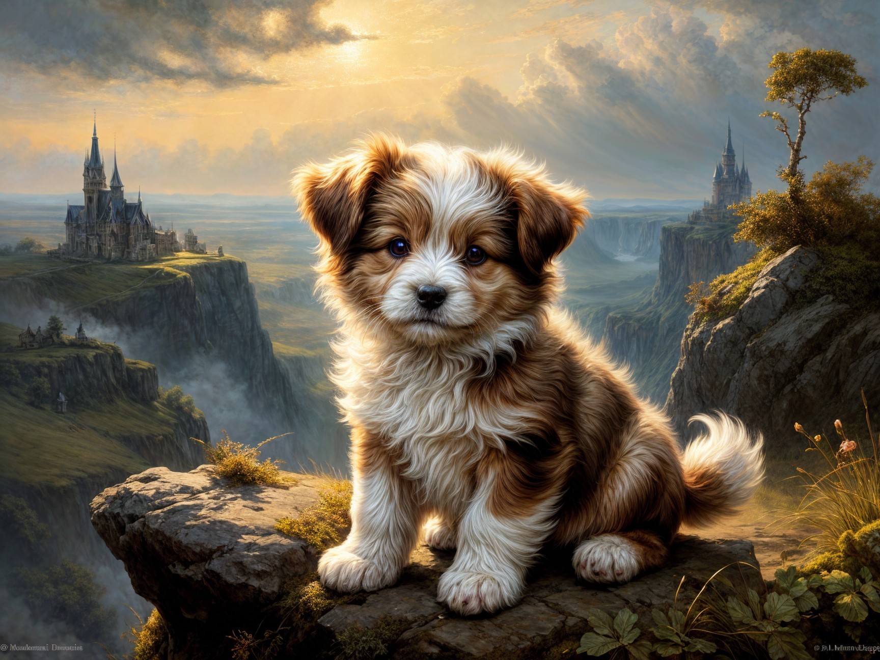 Fluffy Puppy on Rocky Ledge with Scenic Landscape