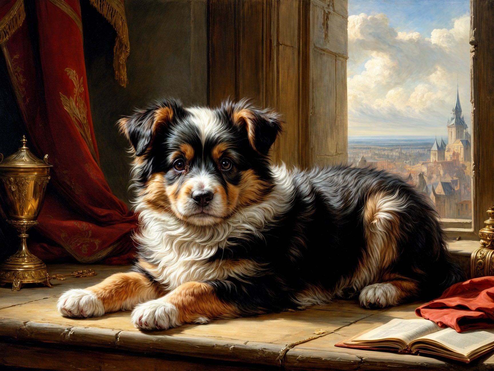 Tricolor Dog on Wooden Table in Soft Light