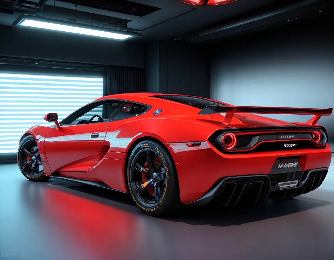Sleek red sports car with rear wing in modern garage