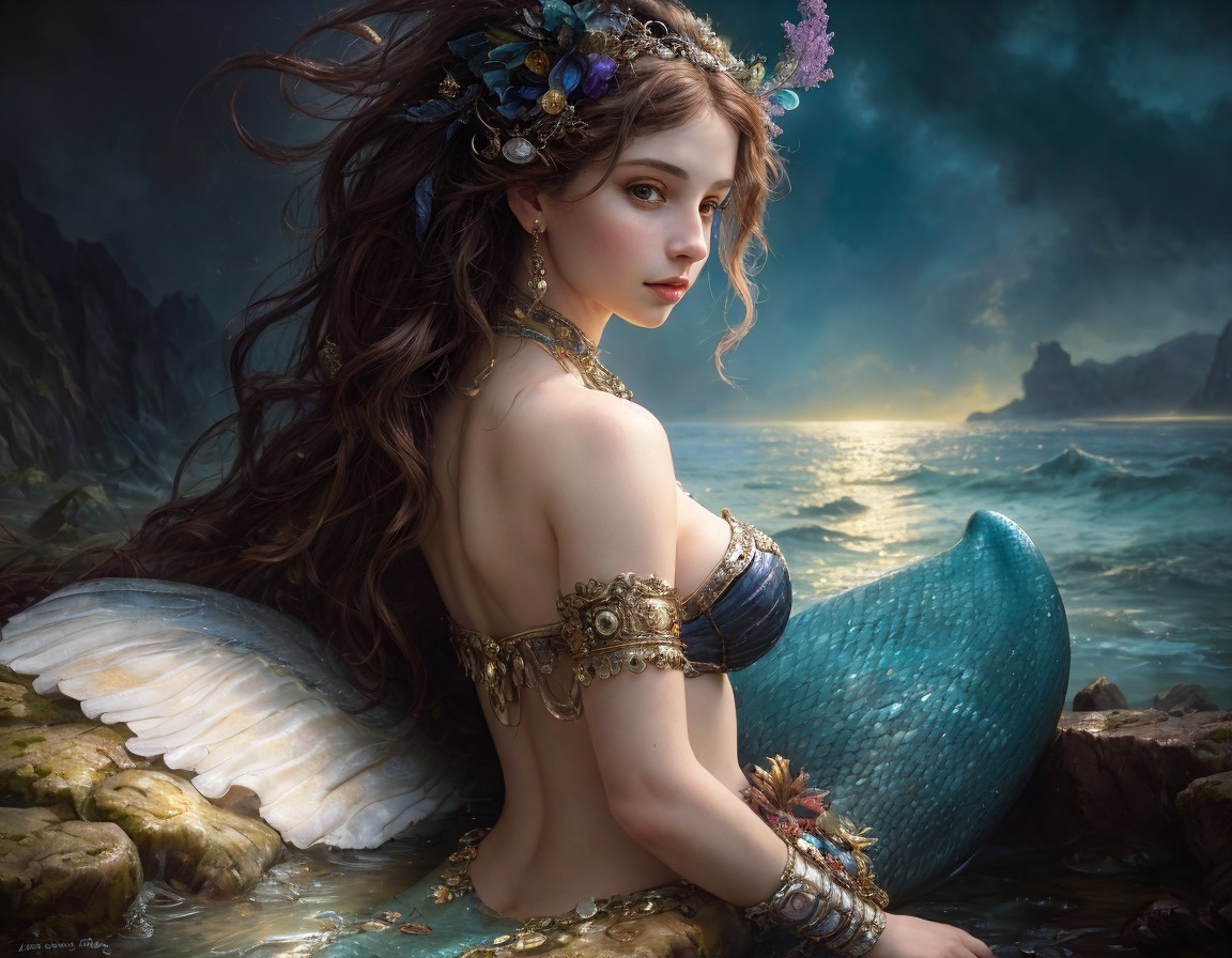Brown-haired mermaid with flower crown overlooking stormy sea.