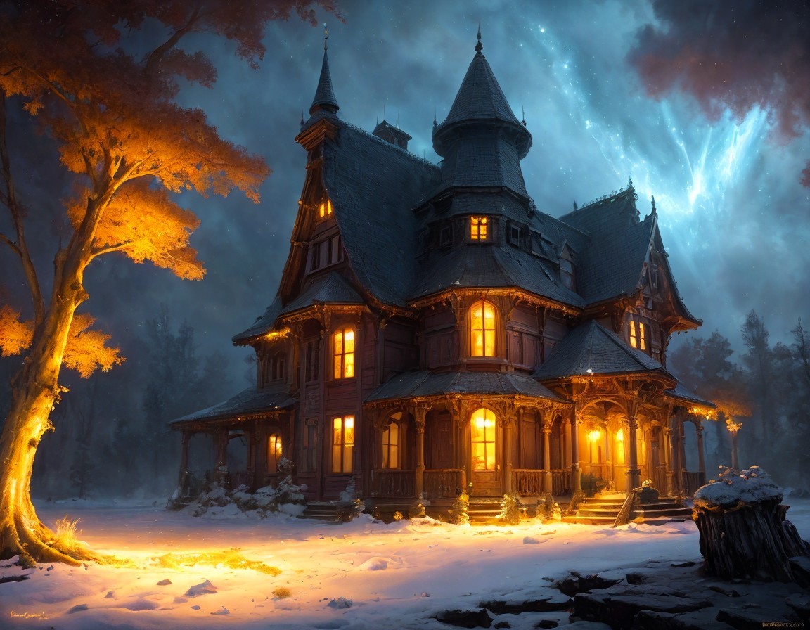 Victorian Mansion at Night in Snowy Forest Setting